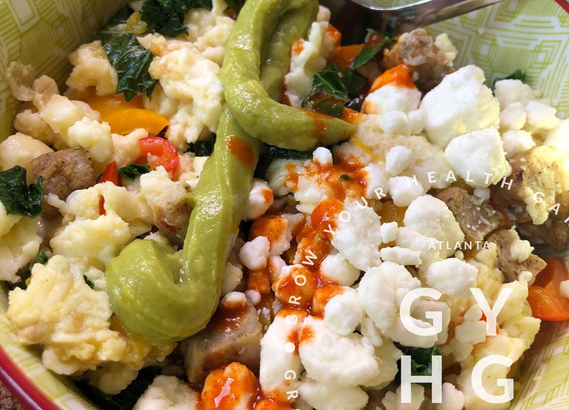 Egg White Scramble with Kale + Sweet Peppers + Chicken Sausage + Goat Cheese
