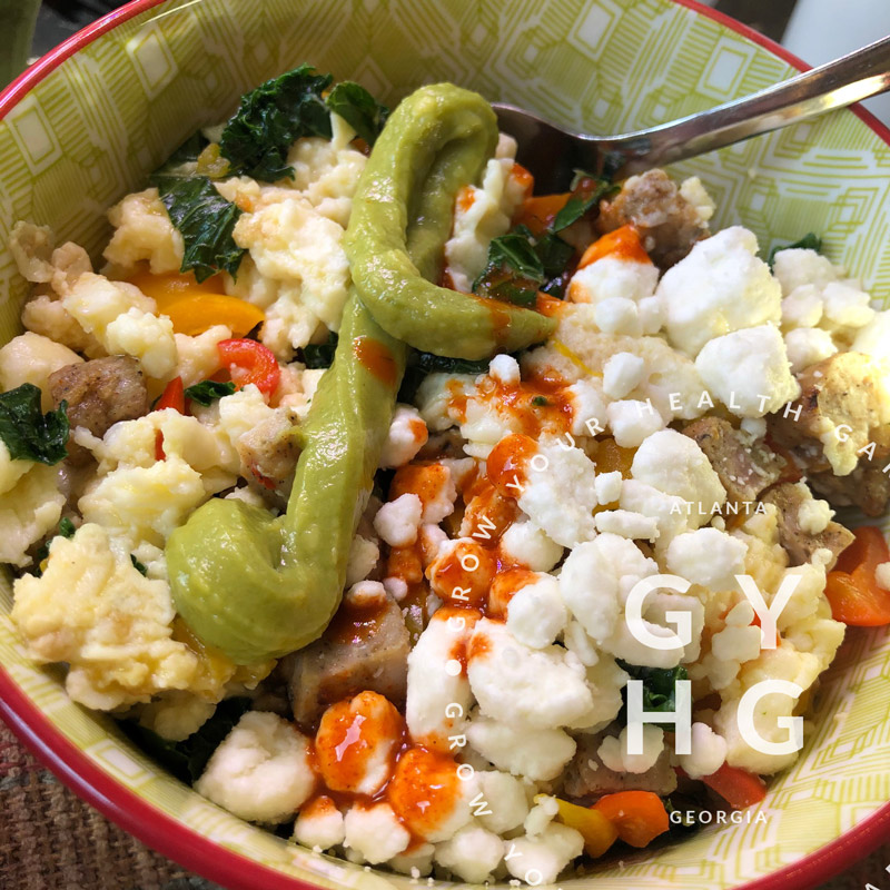 Egg White Scramble with Kale + Sweet Peppers + Chicken Sausage + Goat Cheese